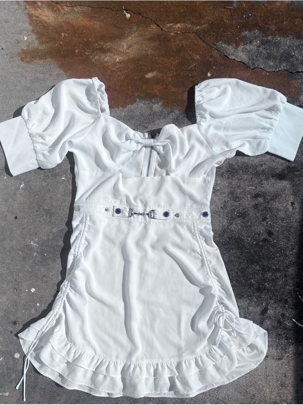 Maniere De Voir White Puffy Sleeve Cut Out Ruched Sides Bodycon Mini Dress M - Picture 2 of 9
